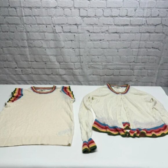 Boden linen two piece Cream Cardigan & top with Multicolor Trim size M - Picture 4 of 9